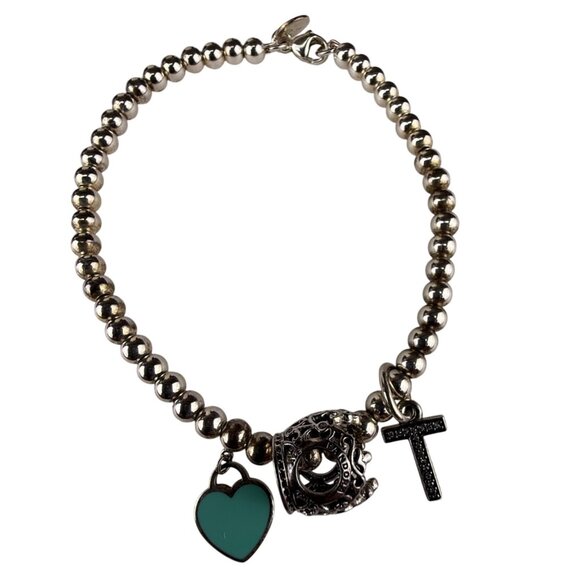 Tiffany & Co. AG925 Womens Silver-Tone Beaded Charm Bracelet With Heart & Cross - Picture 3 of 11